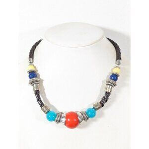 Boho Western Orange Blue Bead Braided Cord Necklace Statement Bold 21"